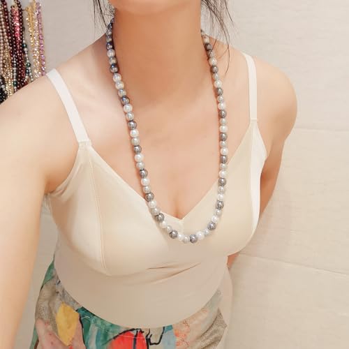 AAA+ Simulated Pearl Strand Necklace Colorful 10mm Pearls Choker Necklaces for Women 1920s Long Costume Jewelry Gift - color: long pearl necklace White Grey Shades 24 Inches