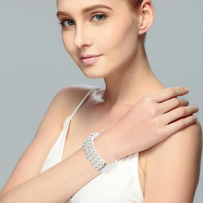 3 Rows Faux Pearls Bracelet for Women Vintage Multi-Layered Rhinestone Pearl Stretch Bracelet Bridal Wedding Jewelry