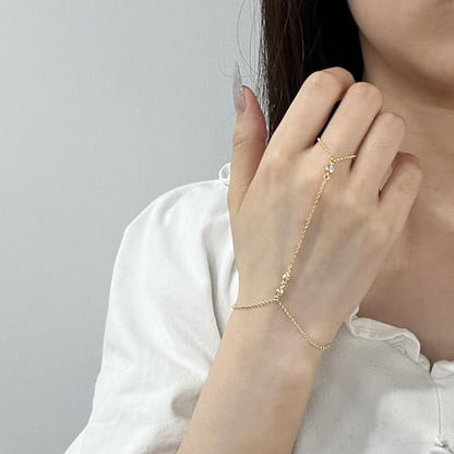 Kakikaki 925 Sterling Silver Finger Ring Bracelet Hand Chain for Women | Slave Bracelets 7" to 9" Adjustable - color: Gold, style: 3 Diamond
