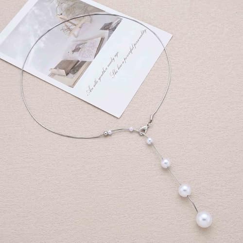 Vintage Pearl Y Lariat Necklace Minimal Pearl Pendent Necklace Silver Snake Chain Necklaces Long Pearls Drop Necklaces Round Beads Choker Wedding Bridal Jewelry for Women