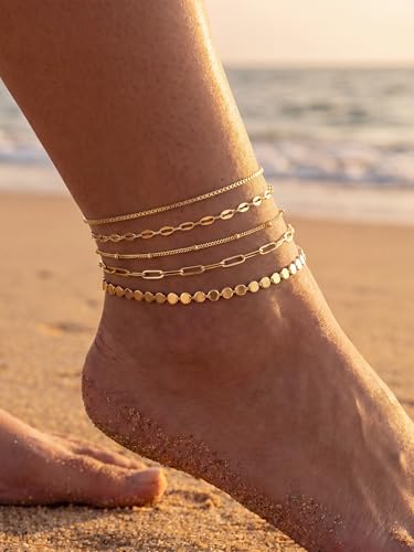 14K Gold/Silver Plated Anklets for Women Layered Anklet Set | Non Tarnish Waterproof Brass Ankle Bracelet, Adjustable Lightweight Dainty Hypoallergenic Chain, Beach Vacation Summer Gift - style: Style6