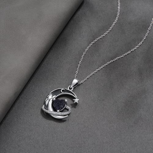 I Love You to the Moon and Back Necklace 925 Sterling Silver Black Crescent Moon Star Pendant with Heart Birthstone Necklace Anniversary Gothic Jewelry Gifts for Women Wife Lovers - color: 13-Blue sandstone