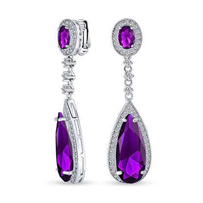 Long Cocktail CZ Halo Teardrop Chandelier Clip On Earrings Silver Plated - color: Purple