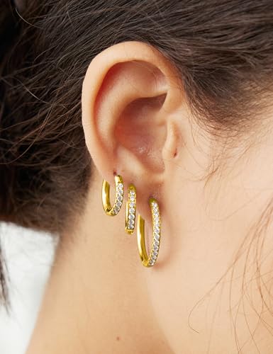5 Pairs Huggie Hoop Earrings, Cubic Zirconia 14K Gold-Plated 316L Surgical Steel, Hypoallergenic Lightweight Design for Women & Men Cartilage & Multi-Piercing Stacking(13-21mm) - color: L+gold
