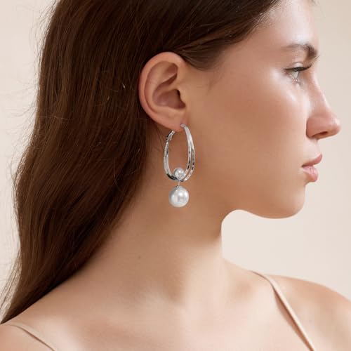 14k Gold Plated Lightweight Pearl Earrings,Trendy Jewelry,Teardrop Hoop Earrings for Women,Pearl Drop Earrings,Elegant Jewelry for Gifts - color: silver pearl