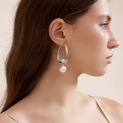 14k Gold Plated Lightweight Pearl Earrings,Trendy Jewelry,Teardrop Hoop Earrings for Women,Pearl Drop Earrings,Elegant Jewelry for Gifts - color: silver pearl