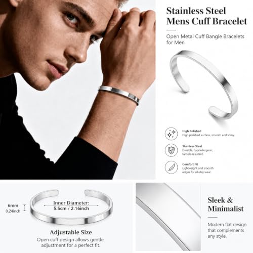 Stainless Steel Mens Cuff Bracelet-Open Metal Cuff Bangle Bracelets for Men,Mens Bracelet Jewelry Gift - color: silver