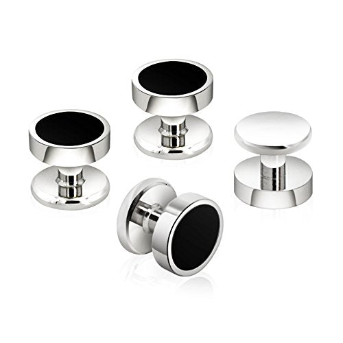 Men's Black Onyx Cufflink & Tuxedo Shirt Stud Set, 16mm Rhodium-Plated Brass, Elegant Gift Box - style: 2 Cufflinks & 4 studs