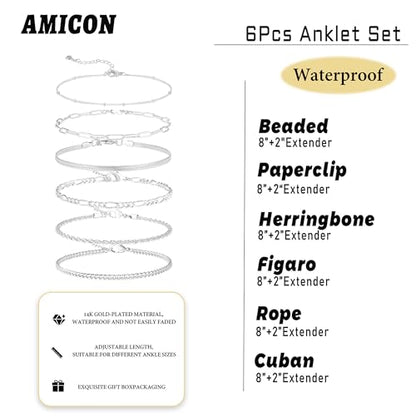 6 PCS Gold Ankle Bracelets for Women, 14k Plated Gold Layered Anklet Set Waterproof Herringbone Paperclip Beaded Figaro Cuban Link Chain Beach Stackable Anklet Bracelet Jewelry Gift for Women - style: 6Pcs-A0137 Ankelt Set-SL