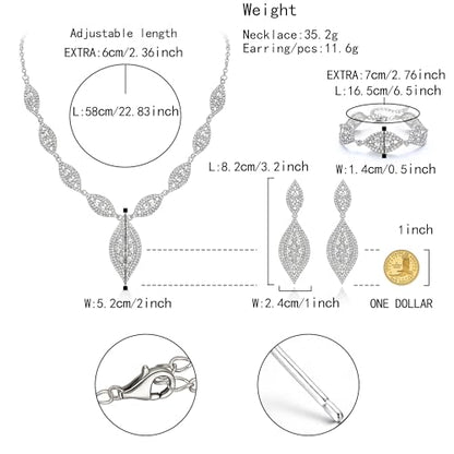 Flyonce Wedding Jewelry Set Rhinestone Crystal Bridal Leaf Necklace Drop Dangle Chandelier Earrings Sets for Women - color: Clear Silver-Tone