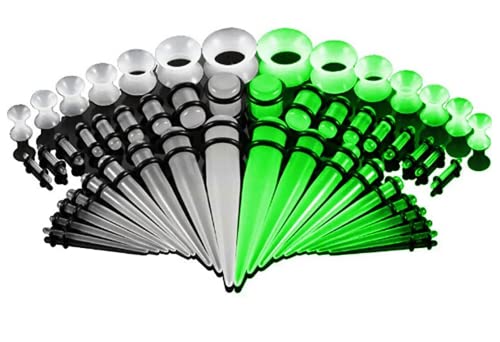 50 Pcs Ear Gauges Stretching Kit 14G-00G | Acrylic Tapers and Plugs Silicone Tunnels, Gauge Expanders Stretching Kit, Piercing Earring Jewelry for Men and Women - color: GlowInTheDark