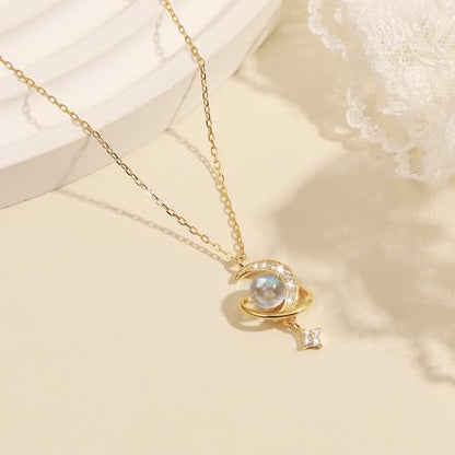 925 Sterling Silver Crescent Necklace Moon Star Pendant for Women | 14K Gold Plated Crystal Moon Necklace Dainty CZ Birthstone Ramadan Moonstone Necklace Birthday Jewelry for Mom Wife Daughter - color: Gold