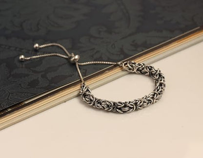 LeCalla 925 Sterling Silver Byzantine Bolo Bracelet for Women | Handmade Adjustable Sliding Bolo Link Chain Bracelet | Classic Italian Byzantine Jewelry - color: Rhodium Byzantine