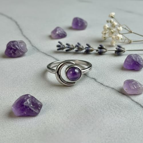 Sun and Moon Ring, Adjustable Natural Stone Rings for Women & Men, Boho Celestial Jewelry for Daily Wear - color: Amethyst