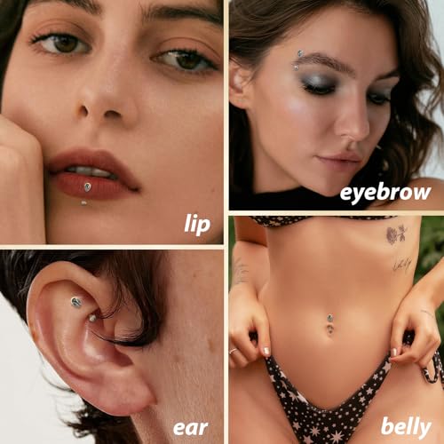 PEAKLINK G23 Titanium Eyebrow Ring 16G Rook Daith Tragus Helix Piercing Internal Threaded Curved Barbell Vertical Labret Lip Jewelry Small Belly Button Ring - color: Gold with Moss Agate