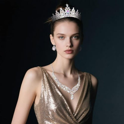 Tiaras and Crowns for Women,Tiaras Earrings Necklace, Crystal Bridal Jewelry Set - color: Silver AB