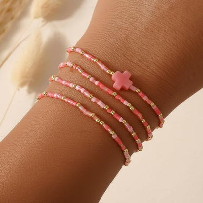 Christian Cross Christmas Stackable Seed Beaded Bracelets for Women, Boho Colorful Healing Stretch Accessories God Christ Pray Faith Amulet Jewelry, Daily Party Holiday Friendship Gift - color: Pink