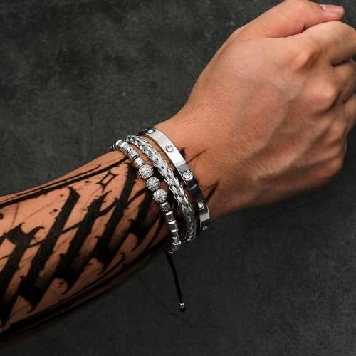 WFYOU 3PCS Stainless Steel Imperial Crown Bracelets for Men Gold Roman Numeral Bangle Bracelet Adjustable Cuff Bracelet Mens Luxury Jewelry Gifts - style: 11:Silver-Ball CZ