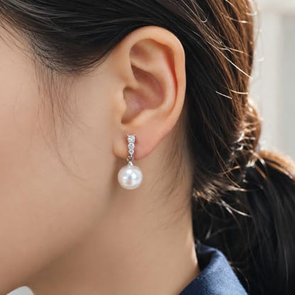 Pearl Clip on Earrings for Women - 14K Gold Silver Plated Cubic Zirconia Non Pierced Ear Clips Jewelry Gifts for Wedding Bridal Party Gifts - color: Silver -1 line CZ