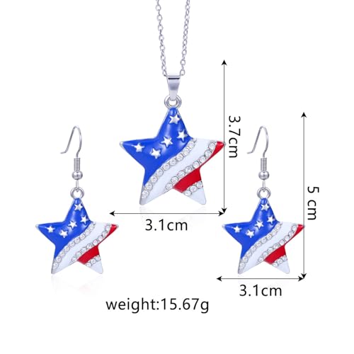 HUJUON American Flag Pendant Necklace Earring Set for Women 4th Of July Butterfly Drop Dangle Hook Earring Independence Day Usa Patriotic Choker Jewelry Gift - color: Star Silver