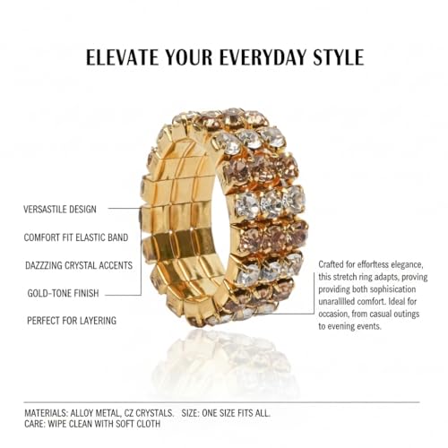 Sparkling Rhinestone Ring Set Trendy Elastic Rhinestone Crystal Stretch Ring Stackable Jewelry for Women Girls - color: 3 Rows Ring-Golden+White+Crystal Yellow
