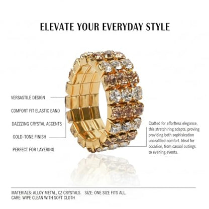 Sparkling Rhinestone Ring Set Trendy Elastic Rhinestone Crystal Stretch Ring Stackable Jewelry for Women Girls - color: 3 Rows Ring-Golden+White+Crystal Yellow