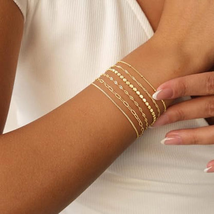 M MOOHAM Gold Bracelets Set for Women No Tarnish | 14K Gold Plated, Dainty Stackable Bracelets Stack for Women, Herringbone Paperclip Rope Cuban Chain Bracelet Set Stack - color: 6.Singapore Dot Set