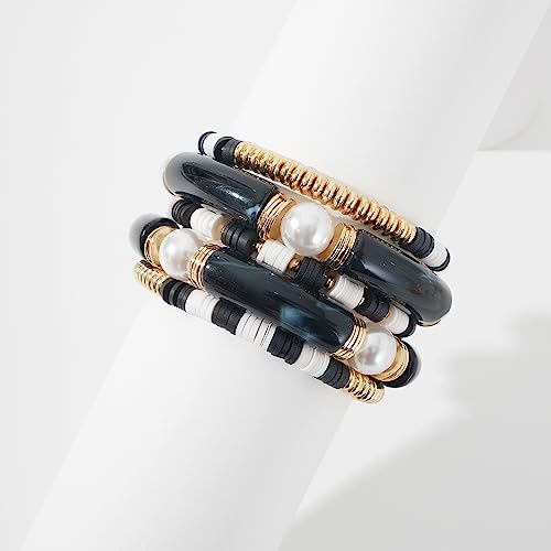 GOOJIDS Simple Beaded Gold Plated Bangles Bracelet Chunky Bamboo Tube Curved Stacking Clear Acrylic Colorful Beads Stretchable Gold Plated Bracelets Set For Women - color: A-A2 Black Set