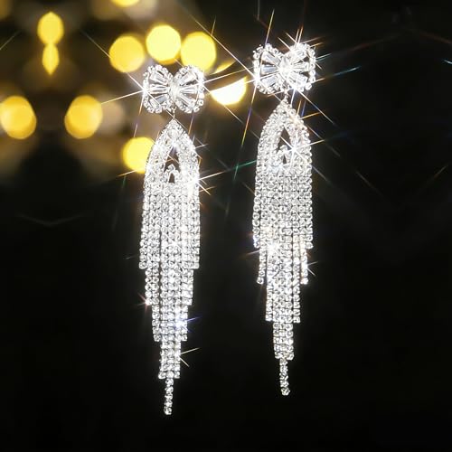Rhinestone Earrings Dangling for Women Sparkly Silver Dangle Earrings Girls Long Chandelier Earrings Tassel Lightweight Ear Studs Cubic Zirconia (KE001S-W) - color: Bow YXE039PL-W