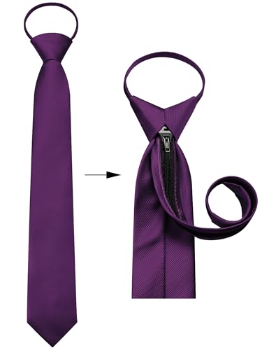 GUSLESON 3.15"（8cm） Mens Pre-tied Adjustable Zipper Tie Solid Necktie for Business and Wedding - color: Dark Purple