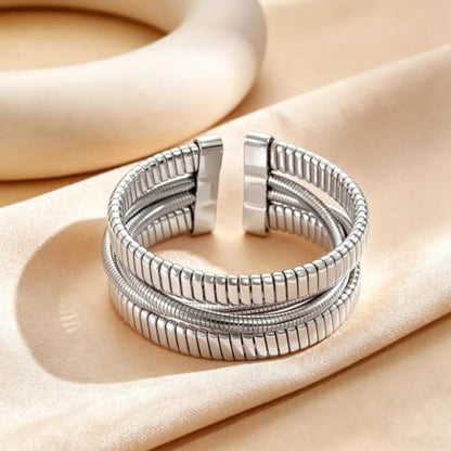 Chunky Gold Layered Cuff Bracelet for Women Men, Modern Geometric Textured Twisted Wide Open Bangle Bracelet Y2k Trendy Statement Jewelry Punk Gifts - color: Silver