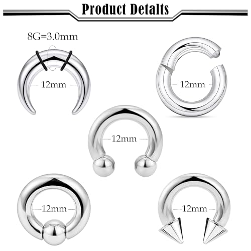 Septum Rings 16G 14G 12G 10G 8G 6G 4G 2G Surgical Steel Septum Stretching Kit Septum Pincher Tapers Gauge Kit Nose Ring Hoop Horseshoe Helix Tragus Daith Rook Piercing Jewelry for Women Men - style: 8G(3.0mm)-Inner Dia:12mm