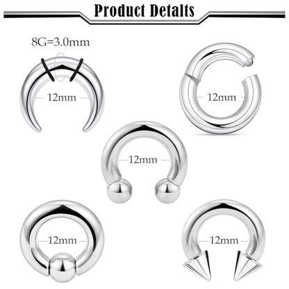 Septum Rings 16G 14G 12G 10G 8G 6G 4G 2G Surgical Steel Septum Stretching Kit Septum Pincher Tapers Gauge Kit Nose Ring Hoop Horseshoe Helix Tragus Daith Rook Piercing Jewelry for Women Men - style: 8G(3.0mm)-Inner Dia:12mm