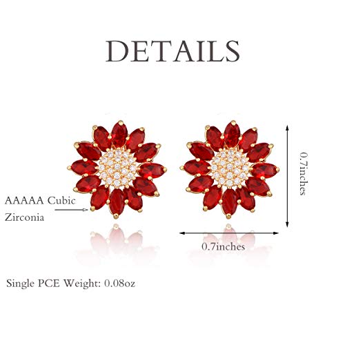 Crystal Flower Burst Stud Earirings - Big Sterling Silver CZ Cubic Zirconia Rhinestone Daisy Sunflower Floral Cluster Studs Bridal Wedding Party Prom Costume Jewelry for Bride Bridesmaids Women Birthstone Birthday Gift - color: Red