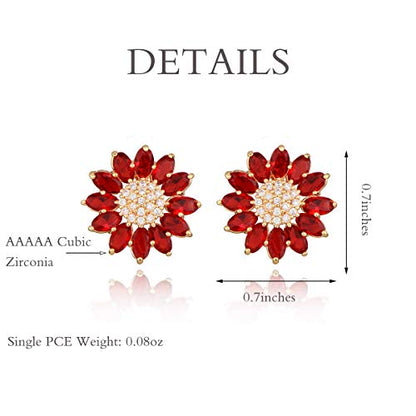 Crystal Flower Burst Stud Earirings - Big Sterling Silver CZ Cubic Zirconia Rhinestone Daisy Sunflower Floral Cluster Studs Bridal Wedding Party Prom Costume Jewelry for Bride Bridesmaids Women Birthstone Birthday Gift - color: Red