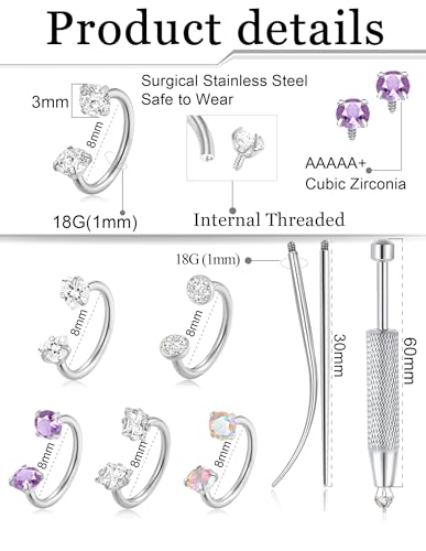 Horseshoe Nose Ring for Women Surgical Steel 18G Double Gem Nose Ring Hoop Cartilage Helix Daith Tragus Half Hoop Earrings Septum Labret Lip Eyebrow Piercing Jewelry Silver Plated - color: B: Silver 6Pcs(purple)