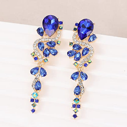 Fashion Rhinestone Statement Drop Dangle Earrings Long Colorful Crystal Bridal Wedding Teardrop Chandelier Earrings for Women Prom Pageant - color: Royal Blue