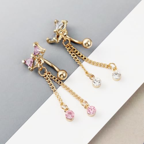 14G CZ Bowknot Reverse Belly Button Rings for Women Stainless Steel Pink Purple Crystal Bow Chains Tassel Dangle Belly Navel Rings Navel Curved Barbell Body Piercing Jewelry - color: Pink