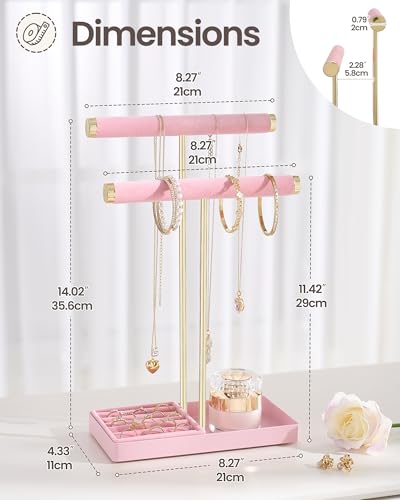 Lolalet 2-Tier Necklace Holder Display, Jewelry Stand with Ring Tray -Pink | Velvet Wrapped Jewelry Organizer, Tall Bracelet Stand for Bangles Watches Earrings, Gifts for Mom Girls Women Mother's Day - color: Pink