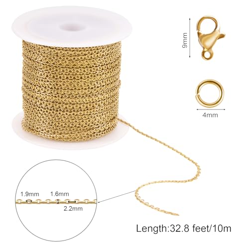 SMYHTGLIF 32.8 Feet Thin Cable Chain for Jewelry Making Craft Jewelry Chain | Gold Stainless Steel Bulk Chain Rolo Chain Roll Permanent Jewelry - color: Rolo Gold