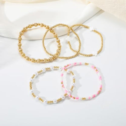 Dainty Gold Plated Pearl Crystal Beaded Bracelets Set for Women 14K Gold Plated Bead Pearl Beads Bracelet Stackable Paperclip Link Chain Bracelets Gold Plated Bracelets for Women Trendy Jewelry - color: Style4-gold bracelets set3