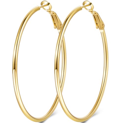 Jewlpire 14K Gold Plated 925 Sterling Sliver Post Hoop Earrings, 2MM Thick Hoop earrings Lightweight Large Hoop Earrings for Women Trendy 20/30/40/50/60/70mm - color: 14K Gold Plated, size: 70mm