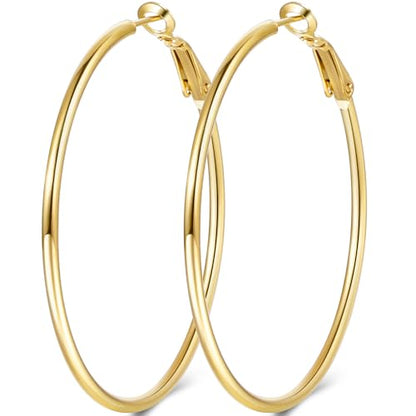 Jewlpire 14K Gold Plated 925 Sterling Sliver Post Hoop Earrings, 2MM Thick Hoop earrings Lightweight Large Hoop Earrings for Women Trendy 20/30/40/50/60/70mm - color: 14K Gold Plated, size: 70mm