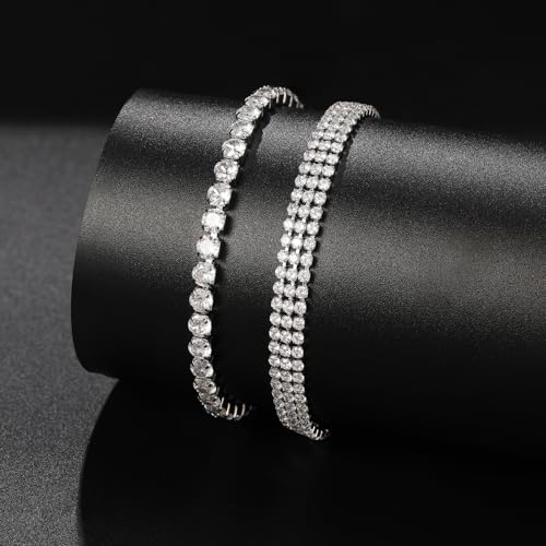 18 K Gold Plated Love Bangle Bracelet Stack for Women,Set of 4 Floral Clover Chain, Tennis Crystal &Gold Stackable Bangle Bracelet -Adjustable Layered Jewelry Gift for Wife Valentines Mother's Day-MVCOLEDY - color: Silvery Flower CZ