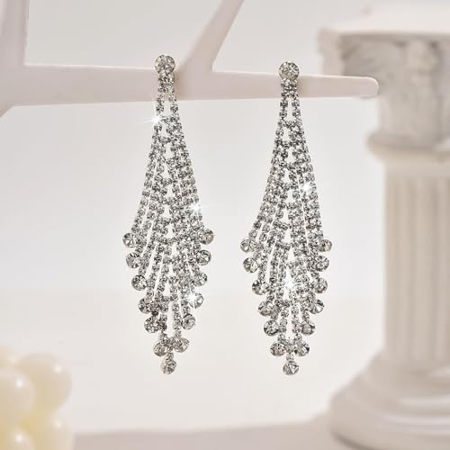 Rhinestone Earrings Prom Earrings for Women Sparkly Long Tassel Chandelier Drop Statement Earring Jewerly Gifts Wedding Party Prom Dresses Accessories - color: A6:silver dangle earrings
