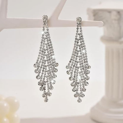 Rhinestone Earrings Prom Earrings for Women Sparkly Long Tassel Chandelier Drop Statement Earring Jewerly Gifts Wedding Party Prom Dresses Accessories - color: A6:silver dangle earrings