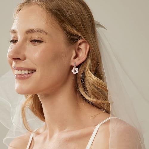 Robaice Pearl Earrings for Women, 14K Gold Plated Dangle Drop Earrings | Small Pearl Drop Huggie Hoop Earrings, Hypoallergenic Dainty Gold Earrings, Wedding Jewelry Gifts for Women Trendy - style: silver flower-1
