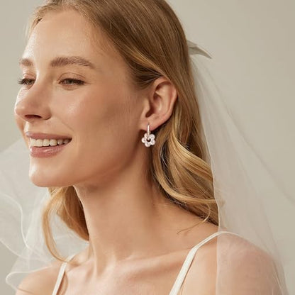 Robaice Pearl Earrings for Women, 14K Gold Plated Dangle Drop Earrings | Small Pearl Drop Huggie Hoop Earrings, Hypoallergenic Dainty Gold Earrings, Wedding Jewelry Gifts for Women Trendy - style: silver flower-1