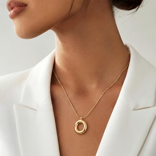 14K Gold/Silver Plated Dainty Snake Chain Layered Necklace for Women | Irregular Oval Pendant Minimalist Dainty Statement Gold Layering Everyday Jewelry - color: Gold - Warm