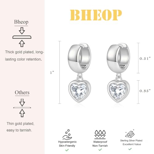 Gold Chunky Dangle Earrings for Women, Bezel Set Cubic Zirconia Charm | 14K Gold Silver Plated, Statement Huggie Hoops Drop Earrings, Trendy Jewelry Gifts, High Grade CZ, Hypoallergenic Lightweight - color: SL-Heart CZ Hoop
